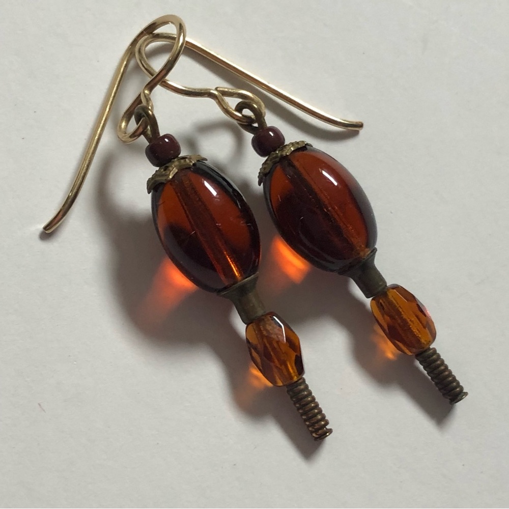 Vintage-style root beer glass bead dangle earrings autumnal Bohemian